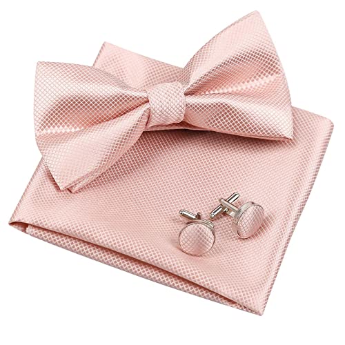Men's Solid Formal Banded Pre-tied Bow Ties Cufflink Handkerchief Set-054