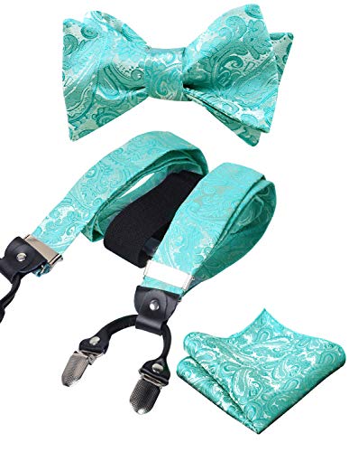 Men's Paisley Suspenders and Self Tied Bow Tie for Men with Pocket Square Set-BD076
