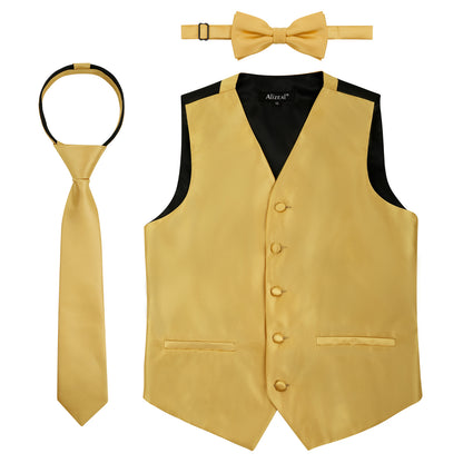 Boy's Classic Solid Bow Tie, Necktie and Suit Vest Set, 078-Golden