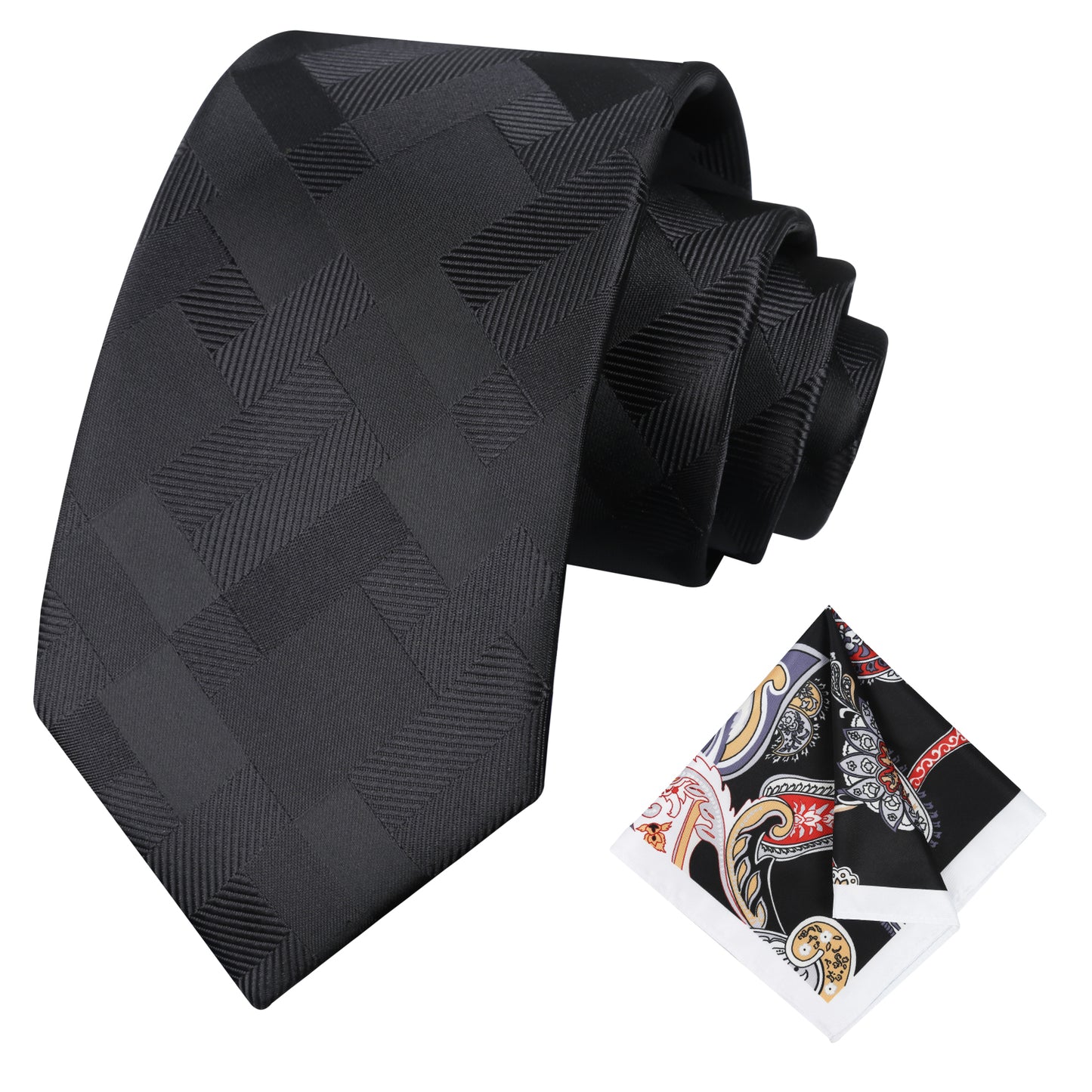 Men's Woven Plaid Tie 3.15inch with Printed Handkerchief Set, 123