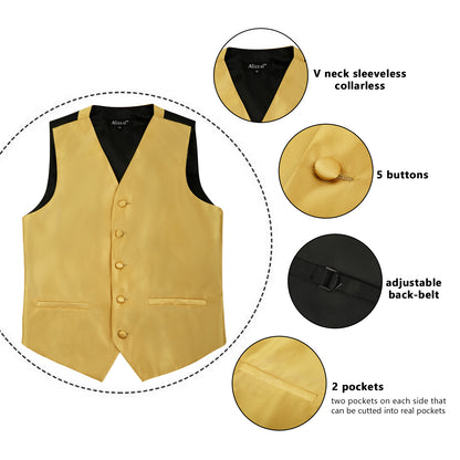 Boy's Classic Solid Bow Tie, Necktie and Suit Vest Set, 078-Golden