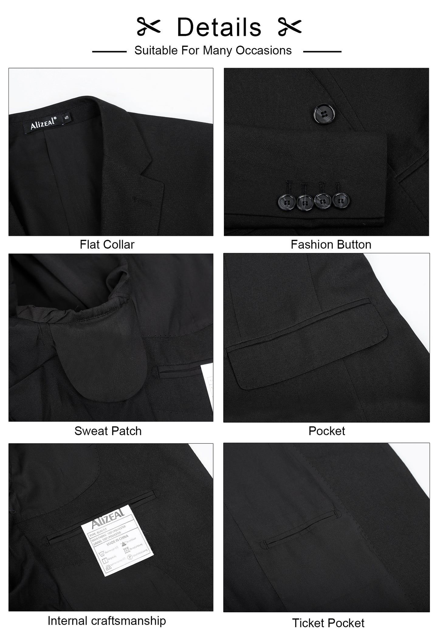 Alizeal Men's Casual Suit Jacket Sports Coat Business Suit One Button, 020-Black