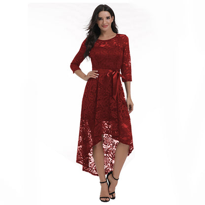 High-Low Lace Dress with 3/4 Length Sleeves 220402