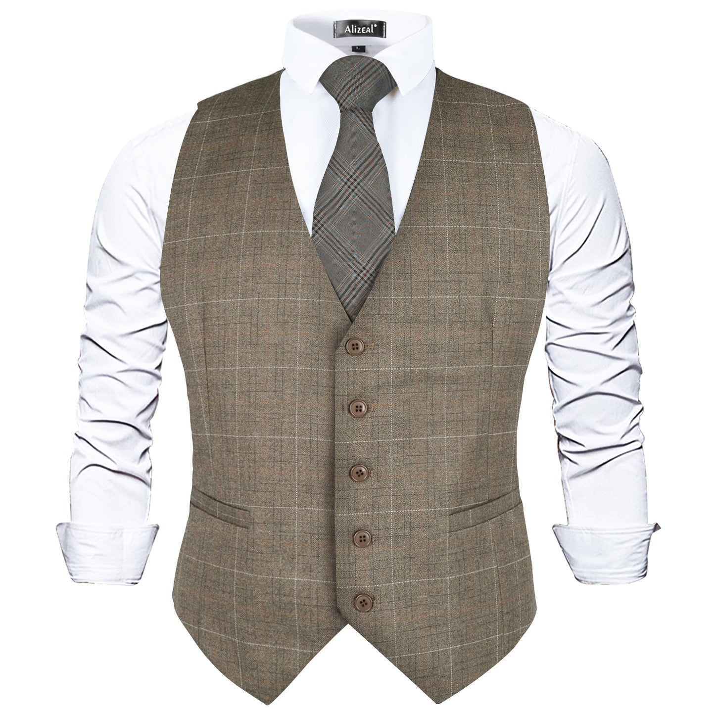 Men's Plaid Business Suit Vest V-Neck Regular Fit Checked Tuxedo Waistcoat, 190-Light Brown