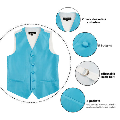 Boy's Classic Solid Bow Tie, Necktie and Suit Vest Set, 078-Turquoise