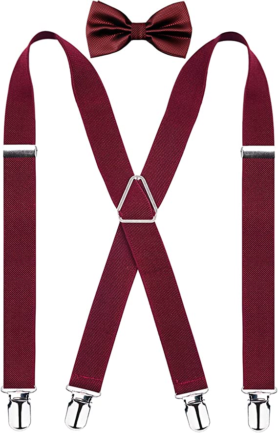 Men's X Back Suspender and Bow Tie Set Elastic Adjustable Braces Set, BD078