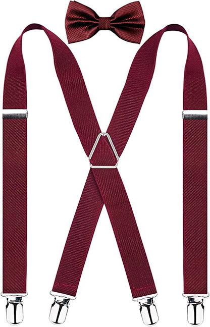 Men's X Back Suspender and Bow Tie Set Elastic Adjustable Braces Set, BD078