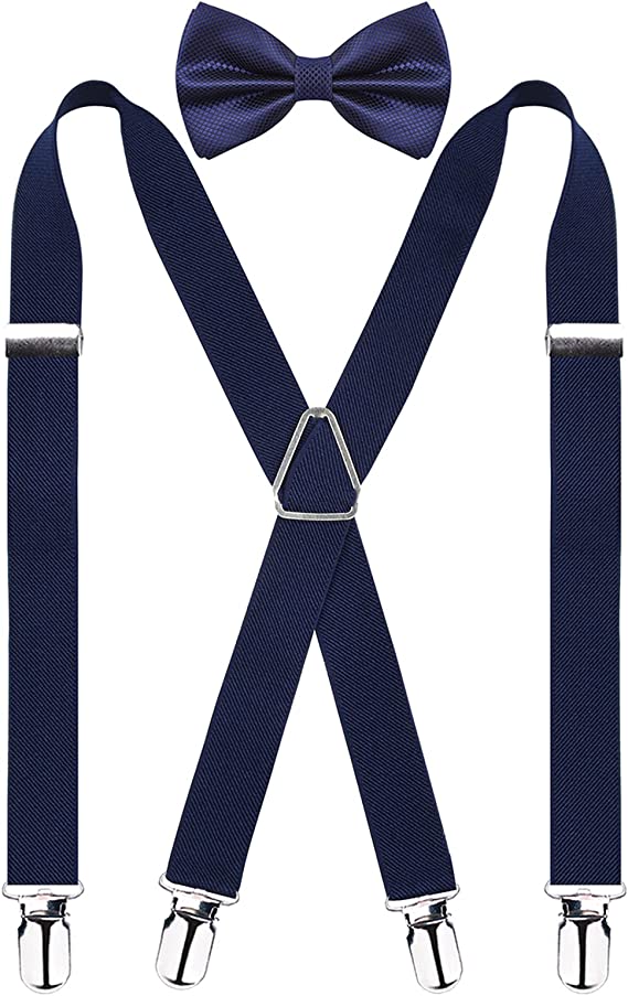 Men's X Back Suspender and Bow Tie Set Elastic Adjustable Braces Set, BD078