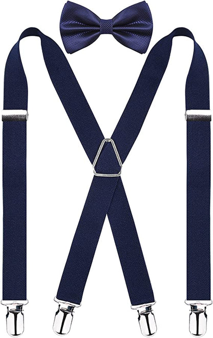 Men's X Back Suspender and Bow Tie Set Elastic Adjustable Braces Set, BD078