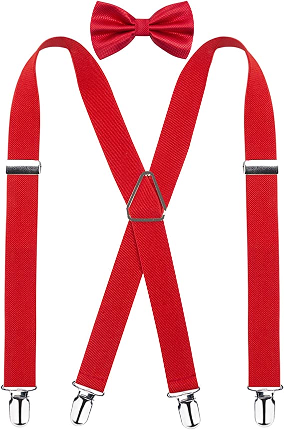 Men's X Back Suspender and Bow Tie Set Elastic Adjustable Braces Set, BD078