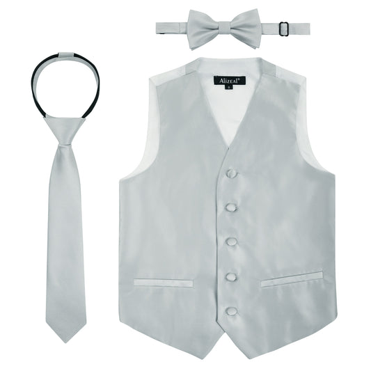 Boy's Classic Solid Bow Tie, Necktie and Suit Vest Set, 078-Silver