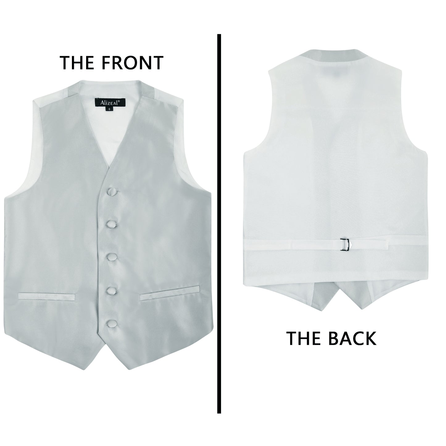 Boy's Classic Solid Bow Tie, Necktie and Suit Vest Set, 078-Silver