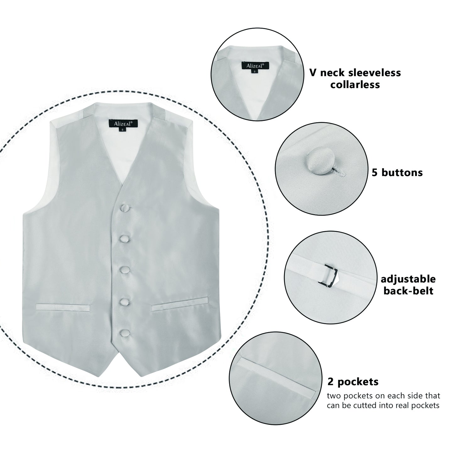 Boy's Classic Solid Bow Tie, Necktie and Suit Vest Set, 078-Silver