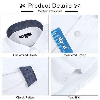 Men's Business Slim Fit Dress Shirt Long Sleeve Patchwork Button-Down Shirt, 004-White+Navy