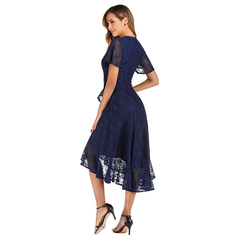 V-Neck Lace High-Low Dress with Short Sleeves 220404