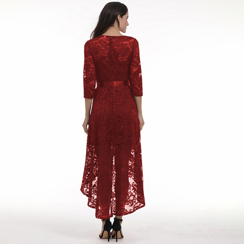 High-Low Lace Dress with 3/4 Length Sleeves 220402