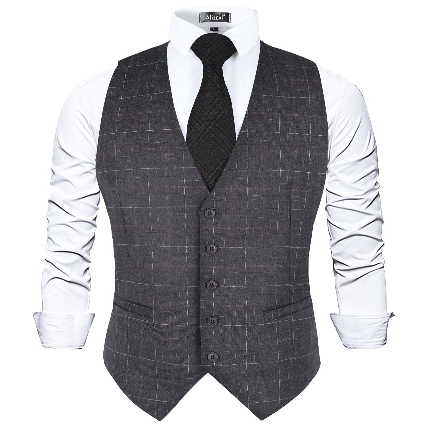Men's Plaid Business Suit Vest V-Neck Regular Fit Checked Tuxedo Waistcoat, 190-Smoky Gray
