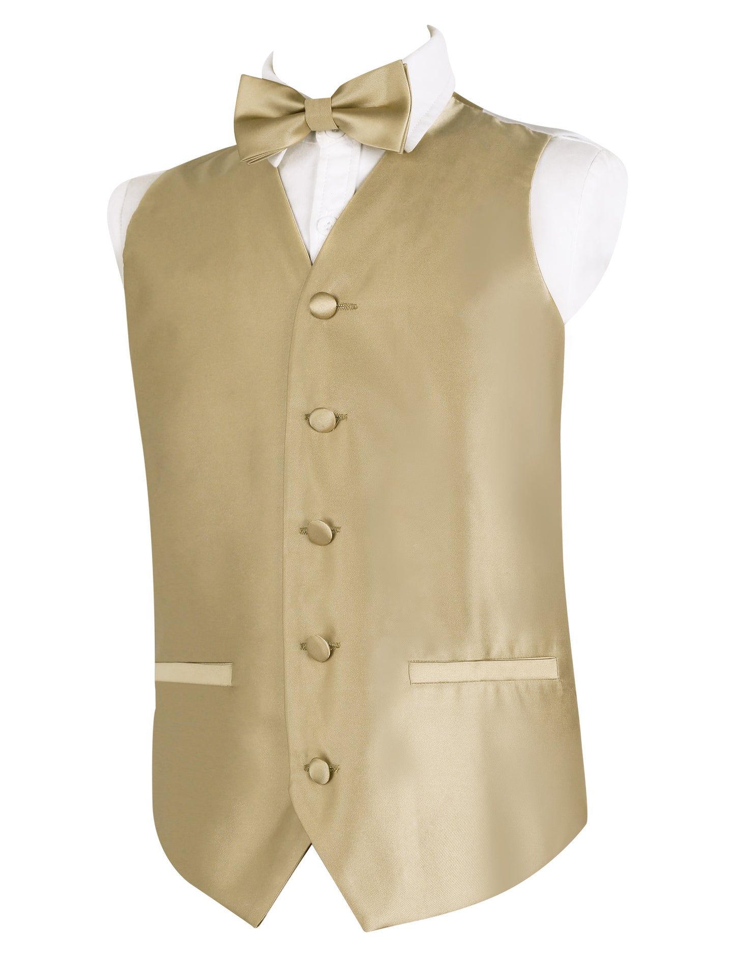 Boy's Classic Solid Bow Tie, Necktie and Suit Vest Set, 078-Champagne