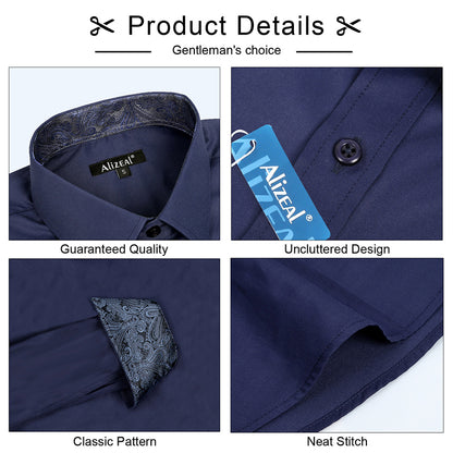 Men's Business Slim Fit Dress Shirt Long Sleeve Patchwork Button-Down Shirt, 004-Navy+Navy
