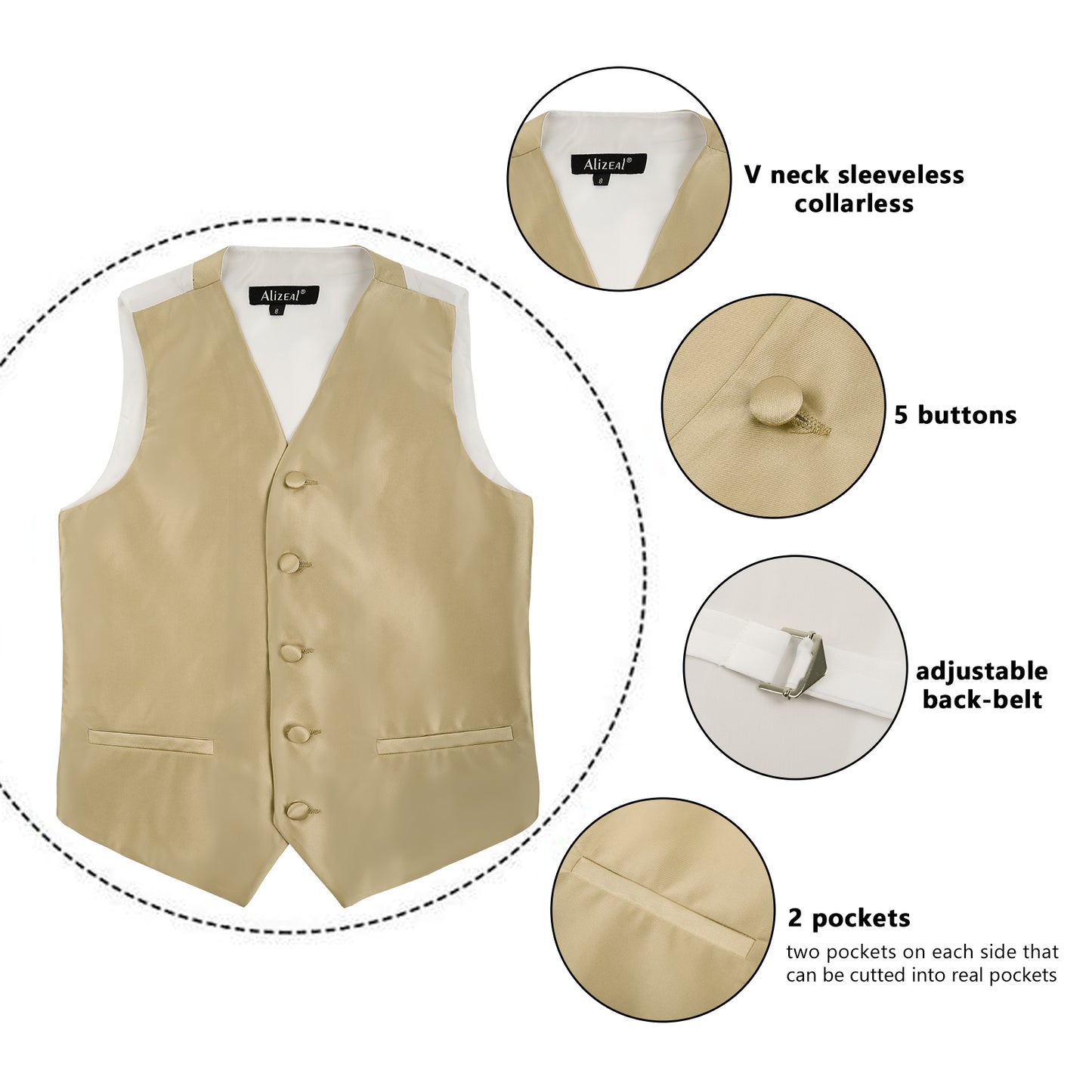 Boy's Classic Solid Bow Tie, Necktie and Suit Vest Set, 078-Champagne