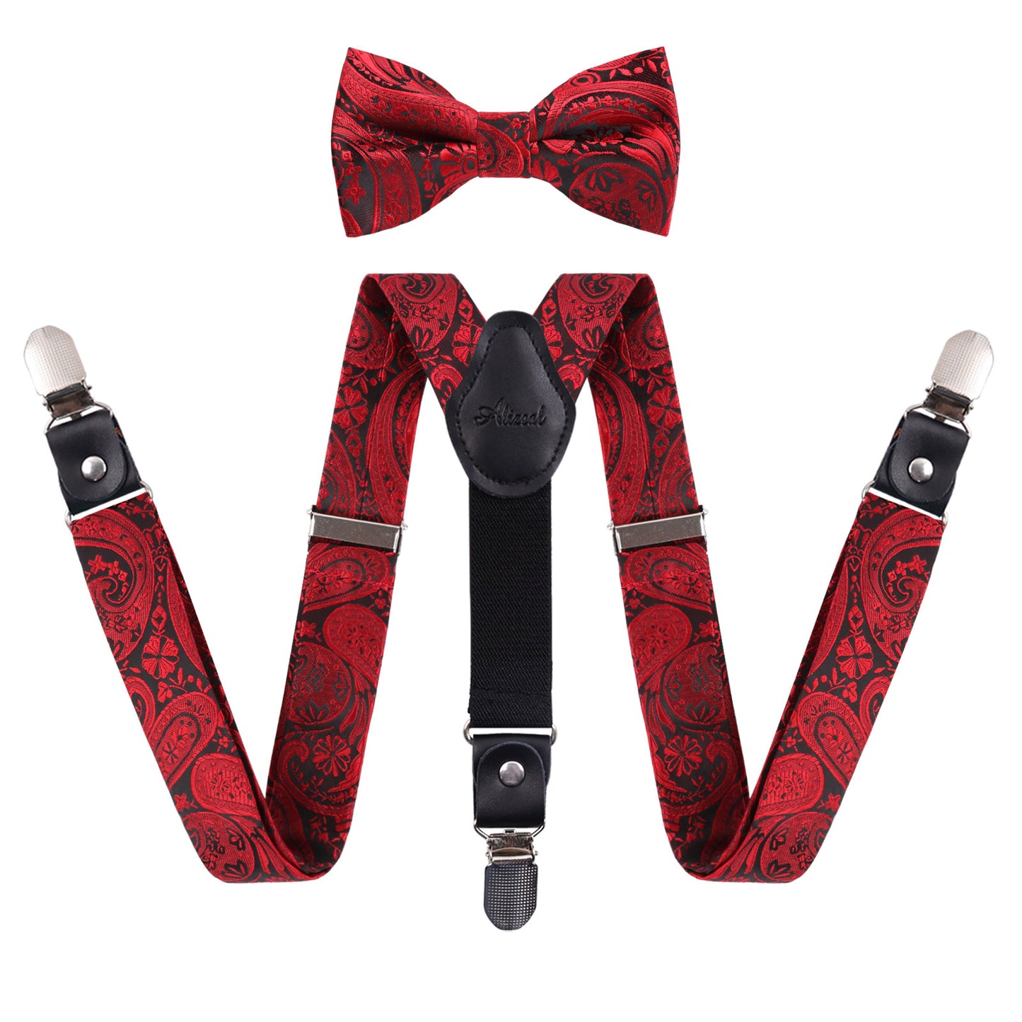 Boy's Adjustable Classic Paisley Pre-tied Bow Tie and Elastic Y Shape 3 Clips Suspenders Set, BD070