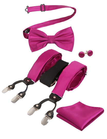 Mens Solid Color 6 Clips Suspender and Bowtie, Hanky, Cufflinks Set, BD072
