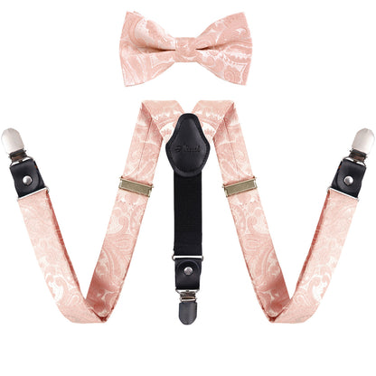 Boy's Adjustable Floral Paisley Pre-tied Bow Tie and Elastic Y Shape 3 Clips Suspenders Set, BD075