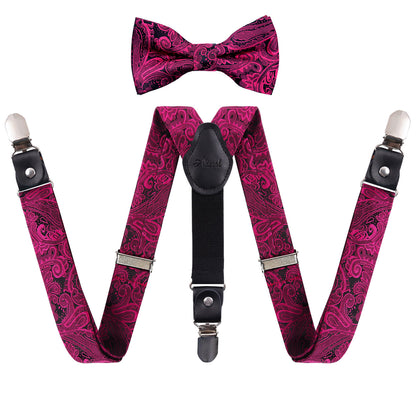 Boy's Adjustable Floral Paisley Pre-tied Bow Tie and Elastic Y Shape 3 Clips Suspenders Set, BD075
