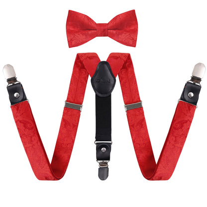 Boy's Adjustable Floral Paisley Pre-tied Bow Tie and Elastic Y Shape 3 Clips Suspenders Set, BD075
