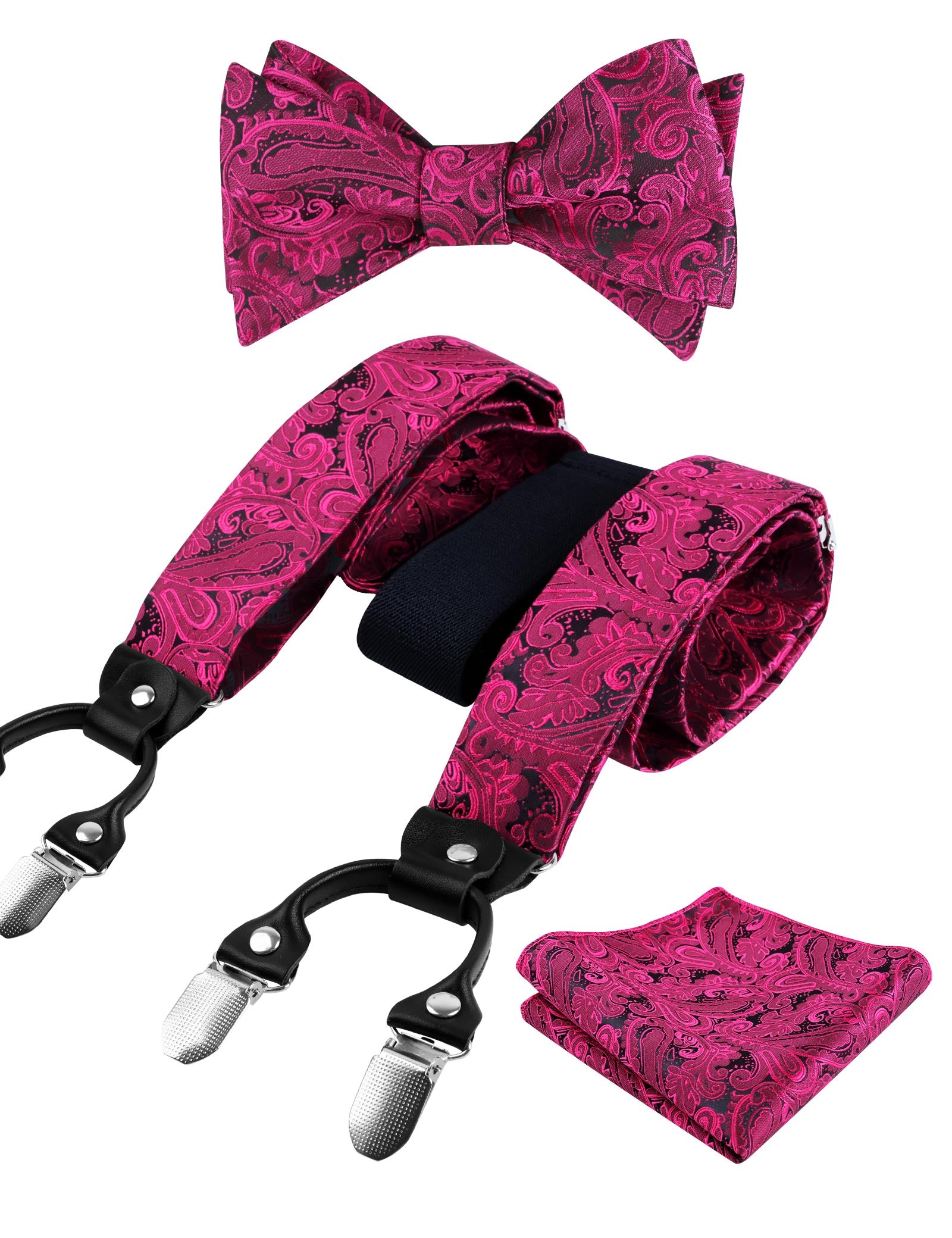 Men's Paisley Suspenders and Self Tied Bow Tie for Men with Pocket Square Set-BD076