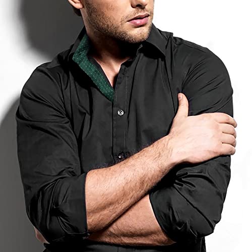 Men's Long Sleeve Dress Shirts Polka Dot Patchwork Button Down Formal Shirts, 116-Black+Dark Green Dots