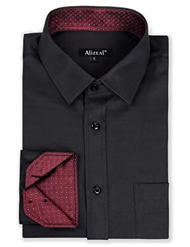 Men's Long Sleeve Dress Shirts Polka Dot Patchwork Button Down Formal Shirts, 116-Black+Maroon Dots