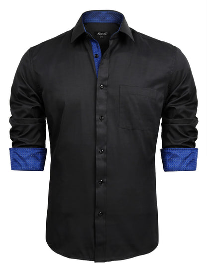 Men's Long Sleeve Dress Shirts Polka Dot Patchwork Button Down Formal Shirts, 116-Black+Royal Blue Dots
