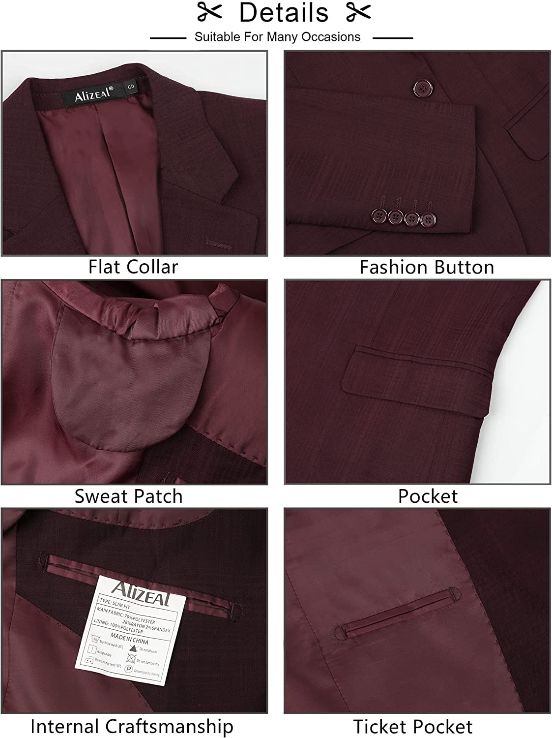 Men's Plaid Blazer One Button Slim Fit Business Suit Jacket, 022-Burgundy