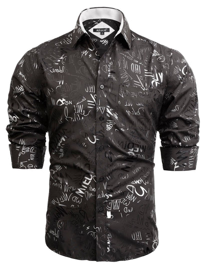 Men's Lapel Bronzing Shirt Casual Slim Fit Shiny Pattern Button-Down Long Sleeve Shirt, 009-Graffiti
