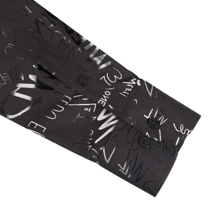 Men's Lapel Bronzing Shirt Casual Slim Fit Shiny Pattern Button-Down Long Sleeve Shirt, 009-Graffiti