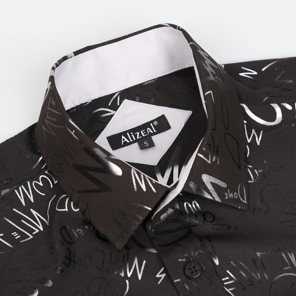 Men's Lapel Bronzing Shirt Casual Slim Fit Shiny Pattern Button-Down Long Sleeve Shirt, 009-Graffiti