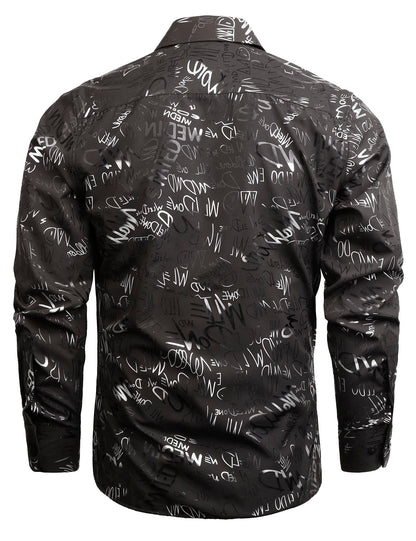 Men's Lapel Bronzing Shirt Casual Slim Fit Shiny Pattern Button-Down Long Sleeve Shirt, 009-Graffiti