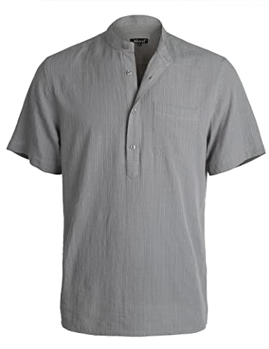 Men's Casual Cotton Viscose Henley Shirt Short Sleeve Solid Button-Down Beach Tops with Pocket, 101-Greyish Green