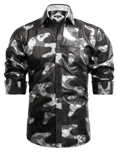 Men's Lapel Bronzing Shirt Casual Slim Fit Shiny Pattern Button-Down Long Sleeve Shirt, 009-Houndstooth