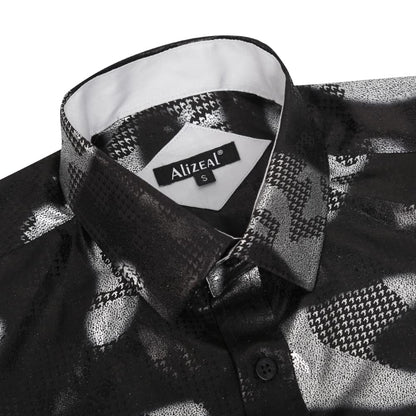 Men's Lapel Bronzing Shirt Casual Slim Fit Shiny Pattern Button-Down Long Sleeve Shirt, 009-Houndstooth