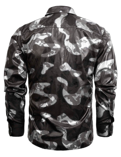 Men's Lapel Bronzing Shirt Casual Slim Fit Shiny Pattern Button-Down Long Sleeve Shirt, 009-Houndstooth