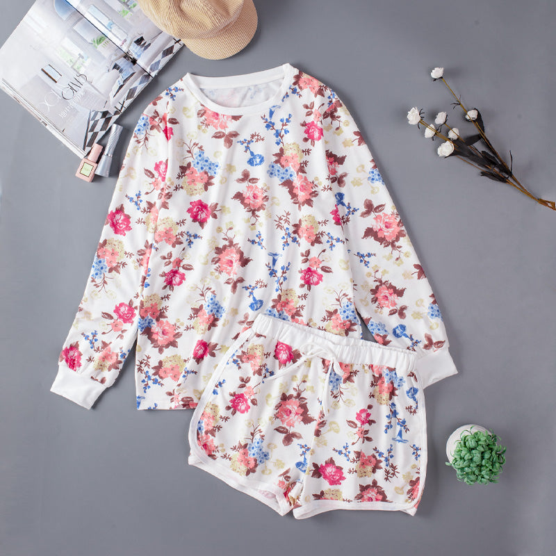 Women Floral Loungewear Long Sleeve Top and Shorts Set TP002