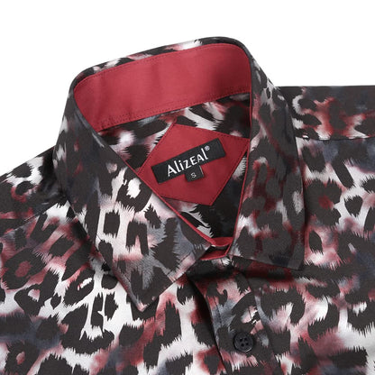 Men's Lapel Bronzing Shirt Casual Slim Fit Shiny Pattern Button-Down Long Sleeve Shirt, 009-Leopard