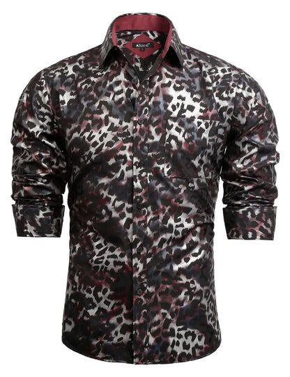 Men's Lapel Bronzing Shirt Casual Slim Fit Shiny Pattern Button-Down Long Sleeve Shirt, 009-Leopard