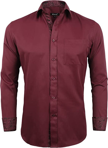 Men's Business Slim Fit Dress Shirt Long Sleeve Patchwork Button-Down Shirt, 004-Maroon