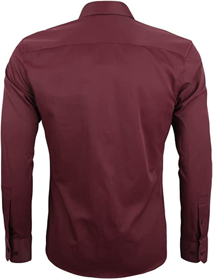 Men's Business Slim Fit Dress Shirt Long Sleeve Patchwork Button-Down Shirt, 004-Maroon
