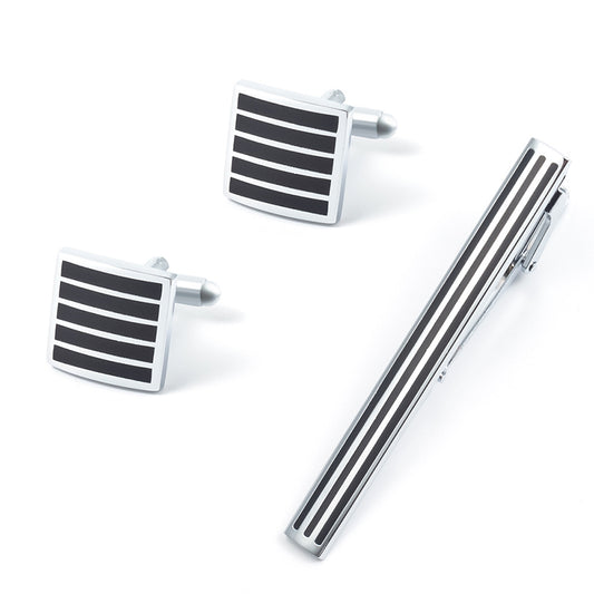 Men's Silver Black Striped Cufflinks Tie Clip Set