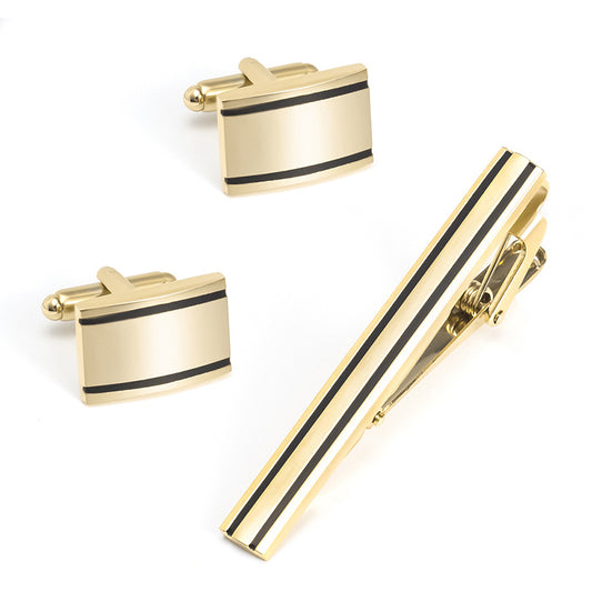 Men's Gold Striped Rectangular Cufflinks and Tie Clip Set