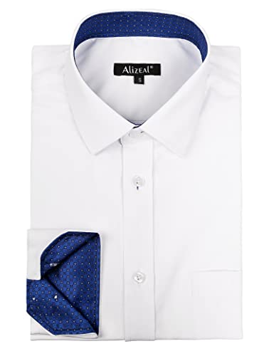 Men's Long Sleeve Dress Shirts Polka Dot Patchwork Button Down Formal Shirts, 116-White+Royal Blue Dots
